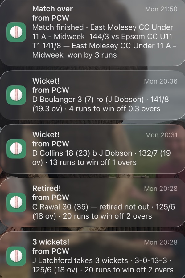 Push notifications for wickets, results and milestones